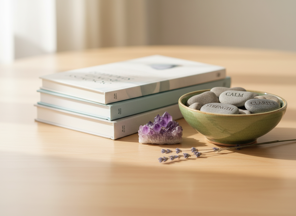 A serene tabletop scene symbolizing emotional healing: a smooth, polished wooden surface hosts a stack of soft-cover psychology books in muted neutral tones, a small amethyst crystal cluster, and a gentle green ceramic bowl filled with polished river stones engraved with words such as “calm,” “strength,” and “clarity” (text legible but not dominant). A lavender sprig rests nearby. Natural window light from the left creates soft highlights on the stones and faint reflections on the wood. The background falls into a creamy, unobtrusive blur. Shot in photographic realism with a close-up, shallow depth of field, the composition feels peaceful, reflective, and grounded, ideal for illustrating psychotherapy and emotional wellbeing.